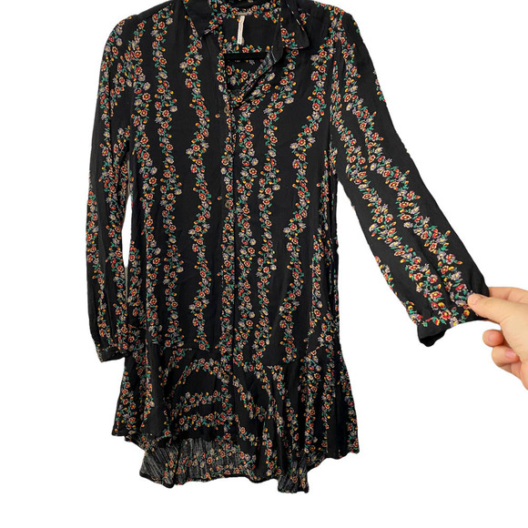 Free People Floral Black long sleeve button down dress XS - Picture 3 of 11